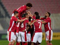 Players of the Malta national soccer team are celebrating their teammate Matthew Guillaimer's (hidden) equalizing goal, making the score 1-1...