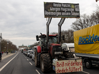 Farmers are protesting against the German government at Pariser Platz in Berlin, Germany, on March 22, 2024. Cars, tractors, and trucks park...