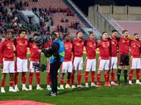 The Malta national soccer team players are standing for their country's national anthem ahead of the friendly international soccer match bet...