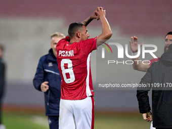 Malta national soccer team player Stephen Pisani is gesturing after scoring the 2-1 goal during the friendly international soccer match betw...