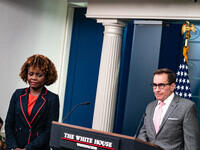 Press Secretary Karine Jean-Pierre and NSC John Kirby are speaking to the press during the House Press Briefing on March 22. (