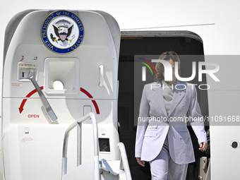 U.S. Vice President Kamala Harris is arriving at the Muniz Air National Guard Base in San Juan, Puerto Rico, on March 22, 2024. (