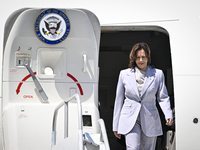U.S. Vice President Kamala Harris is arriving at the Muniz Air National Guard Base in San Juan, Puerto Rico, on March 22, 2024. (