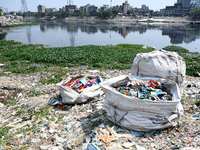 Plastic waste is floating in the polluted Buriganga River in Dhaka, Bangladesh, on March 23, 2024. Bangladesh is reportedly ranked 10th amon...