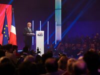 Eric Ciotti, president of the French right-wing party Les Republicains (LR), is addressing the party's campaign launch rally for the upcomin...
