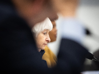 Secretary of the Treasury Janet Yellen is framed by Jared  Bernstein, Chair of the Council of Economic Advisers, as they and Director of the...