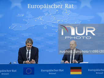 Chancellor of  Germany Olaf Scholz holds a press conference after the end of the 2-day European Council Summit. The German Chancellor respon...