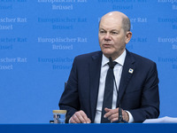 Chancellor of  Germany Olaf Scholz holds a press conference after the end of the 2-day European Council Summit. The German Chancellor respon...