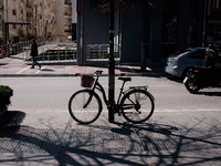 A bicycle is parked in Larissa, Greece, on March 24, 2024. A city that is giving space to pedestrians and bicycles is becoming friendlier an...