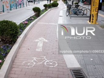 A cycle path is being featured in Larissa, Greece, on March 24, 2024. A city that is giving space to pedestrians and bicycles is becoming fr...