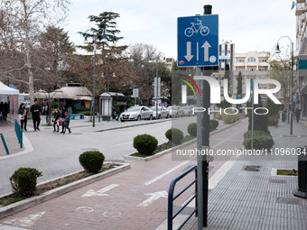 A cycle path is being featured in Larissa, Greece, on March 24, 2024. A city that is giving space to pedestrians and bicycles is becoming fr...
