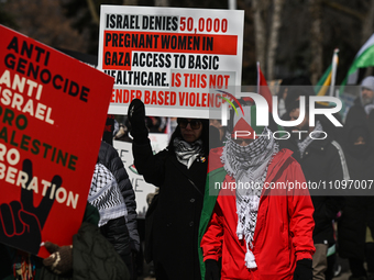EDMONTON, CANADA - MARCH 24:
Members of the Palestinian diaspora, supported by the local Muslim community and activists from left-wing parti...