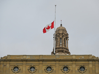 EDMONTON, CANADA - MARCH 23:
The national, provincial, and university flags, including the Canadian flag at the Alberta Legislature building...