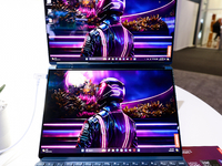 Lenovo is exhibiting the Yoga Book 9i, a laptop with dual OLED touchscreens, at the Mobile World Congress 2024 in Barcelona, Spain, on March...
