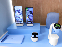Smart devices from Google's ecosystem, including the Pixel 8 Pro and Pixel 7a smartphones, Pixel Buds A-Series earbuds, Nest Audio speaker,...