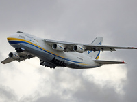 An Antonov An-124-100 is taking off from Barcelona Airport in Barcelona, Spain, on March 25, 2024, after delivering one of the sailboats tha...