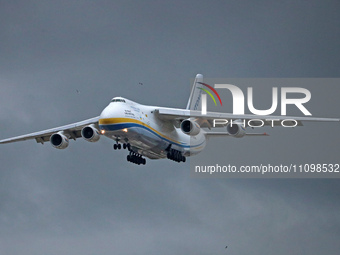 An Antonov An-124-100 is arriving at Barcelona Airport in Barcelona, Spain, on March 25, 2024, carrying one of the sailboats that will parti...