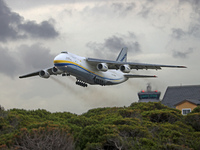 An Antonov An-124-100 is taking off from Barcelona Airport in Barcelona, Spain, on March 25, 2024, after delivering one of the sailboats tha...