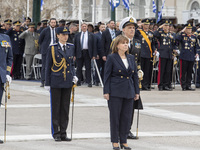 Greek President Katerina Sakellaropoulou is attending the military parade. (