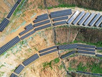 A photovoltaic power generation facility at an abandoned mine is being seen from the air in Hangzhou, Zhejiang Province, China, on March 26,...