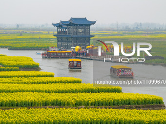 Tourists are taking a boat ride to see the blooming rapeseed flowers in Xinghua, Jiangsu Province, East China, on March 26, 2024. (