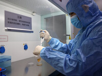 A researcher is performing cell culture operations at a laboratory of a biotechnology company in Binzhou, East China's Shandong province, on...