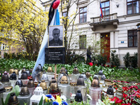 Flowers and candles are seen in a tribute to Alexei Navalny in front of the Russian Consulate General in Krakow, Poland on March 25th, 2024....