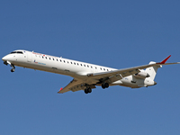 A Mitsubishi CRJ-1000 from Iberia Regional is landing at the Barcelona airport in Barcelona, Spain, on February 29, 2024. (