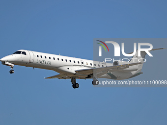 An Embraer ERJ-145LR, operated by Amelia company, is landing at the Barcelona airport in Barcelona, Spain, on February 29, 2024. (