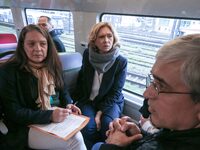 Valerie Pecresse, President of the Regional Council of Ile-de-France, is talking with Severine Lepere, Managing Director of the SNCF Reseau...
