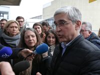 Nicolas Ligner (R), Director of the RER C (Regional Express Network) in France, is speaking to the press at Bretigny-sur-Orge station in Fra...
