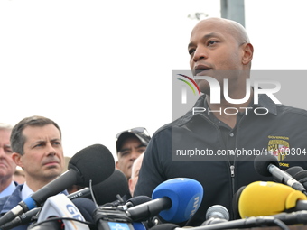 Governor of Maryland Wes Moore (right) and U.S. Secretary of Transportation Pete Buttigieg (left) are holding a press conference at the site...