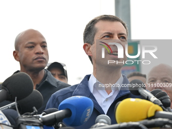 Governor of Maryland Wes Moore (left) and U.S. Secretary of Transportation Pete Buttigieg (right) are holding a press conference at the site...
