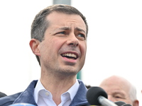 U.S. Secretary of Transportation Pete Buttigieg is speaking at a press conference at the site of the collapsed Francis Scott Key Bridge in B...