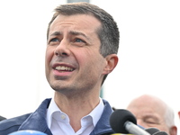 U.S. Secretary of Transportation Pete Buttigieg is speaking at a press conference at the site of the collapsed Francis Scott Key Bridge in B...