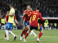 Rodrigo Hernandez of Spain is celebrating a goal during the friendly match between Spain and Brazil at Santiago Bernabeu Stadium in Madrid,...