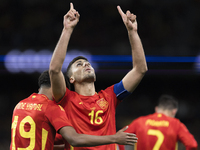 Rodrigo Hernandez of Spain is celebrating a goal during the friendly match between Spain and Brazil at Santiago Bernabeu Stadium in Madrid,...
