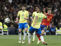 Dani Omo of Spain is scoring a goal during the friendly match between Spain and Brazil at Santiago Bernabeu Stadium in Madrid, Spain, on Mar...