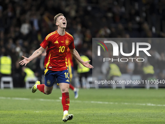 Dani Omo of Spain is celebrating a goal during the friendly match between Spain and Brazil at Santiago Bernabeu Stadium in Madrid, Spain, on...