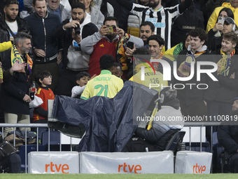 Endrick is celebrating a goal during the friendly match between Spain and Brazil at Santiago Bernabeu Stadium in Madrid, Spain, on March 26....