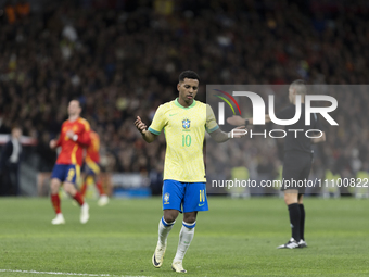 Rodrygo Goes of Brazil is reacting to a missed opportunity during the friendly match between Spain and Brazil at Santiago Bernabeu Stadium i...