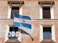 Flag of Argentina is seen on the embassy building in Rome, Italy on March 25, 2024. (