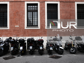 Bikes are seen parked at the street in Rome, Italy on March 25, 2024. (