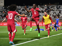 Qatar player Almoez Ali (C) is celebrating after scoring a goal during the FIFA World Cup 2026 and the AFC Asian Cup Saudi Arabia 2027 quali...