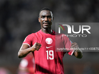 Qatar player Almoez Ali (C) is celebrating after scoring a goal during the FIFA World Cup 2026 and the AFC Asian Cup Saudi Arabia 2027 quali...