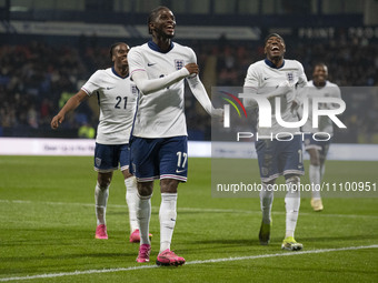 Sam Iling-Junior, wearing the #17 jersey for England, is celebrating his goal during the UEFA Under 21 Championship match between the Englan...