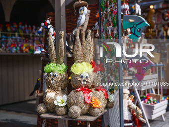 Decorations at the traditional Easter Market at the Main Square in Krakow, Poland on March 26th, 2024. Colourful Easter eggs, handmade decor...
