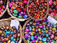Hand painted Easter eggs are seen at the traditional Easter Market at the Main Square in Krakow, Poland on March 26th, 2024. Colourful Easte...