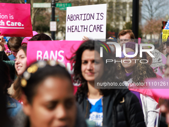 Abortion rights supporters protest outside of the Supreme Court in Washington, D.C. on March 26, 2024 as the high court hears arguments in a...