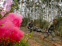 SWAT officers are transferring wounded soldiers during a tactical drill in a mountain area in Liuzhou, Guangxi Zhuang Autonomous Region, Chi...